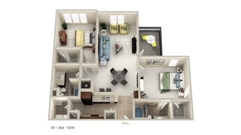 Floor plan for 2 beds, 2 baths, 1076 sqft