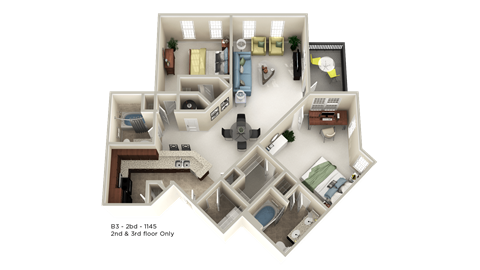 Floor plan for 2 beds, 2 baths, 1145 sqft