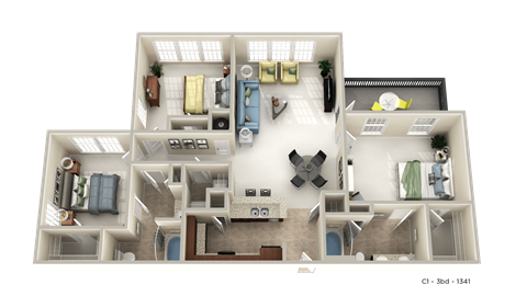 Floor plan for 3 beds, 2 baths, 1341 sqft