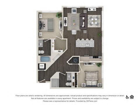 Floor plan for 2 beds, 2 baths, 1044 sqft