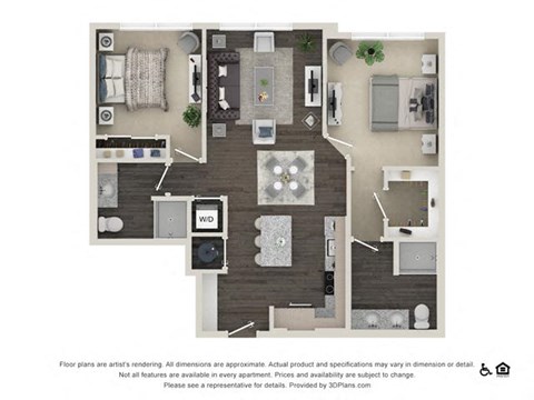 Floor plan for 2 beds, 2 baths, 1039 sqft