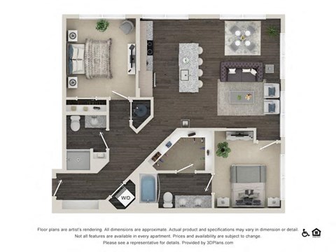 Floor plan for 2 beds, 2 baths, 1154 sqft
