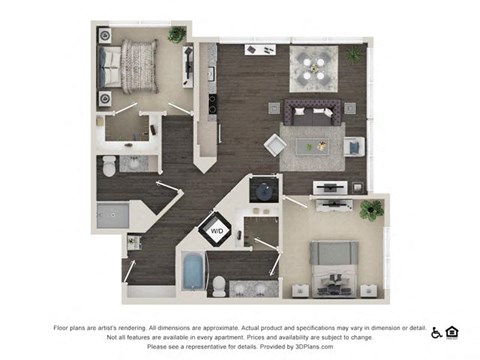 Floor plan for 2 beds, 2 baths, 1095 sqft