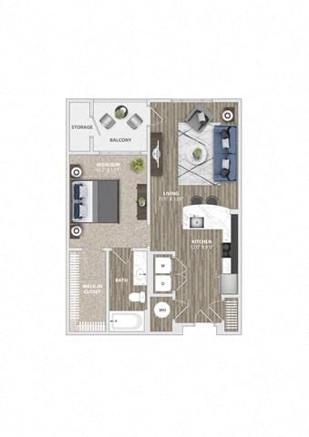 Floor plan for 1 bed, 1 bath, 737 sqft