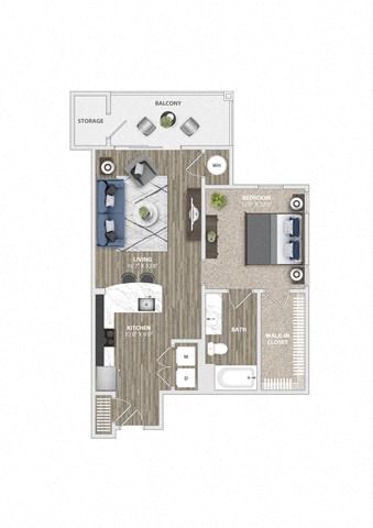 Floor plan for 1 bed, 1 bath, 757 sqft