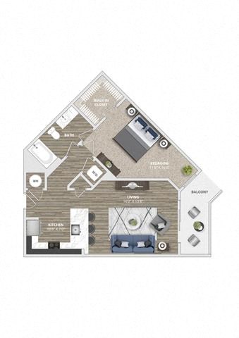 Floor plan for 1 bed, 1 bath, 795 sqft