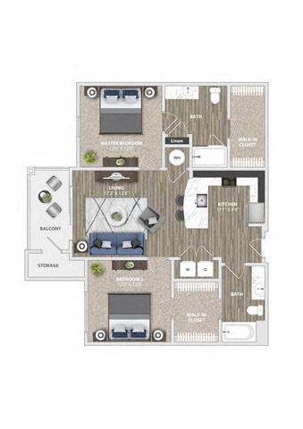 Floor plan for 2 beds, 2 baths, 1064 sqft