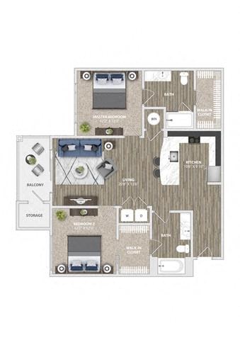 Floor plan for 2 beds, 2 baths, 1156 sqft