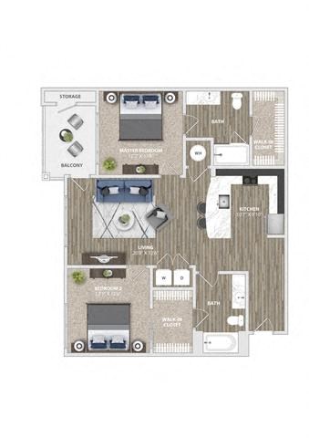 Floor plan for 2 beds, 2 baths, 1156 sqft