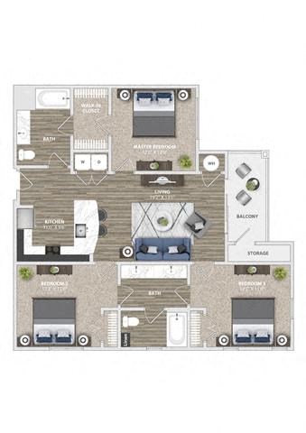 Floor plan for 3 beds, 2 baths, 1261 sqft