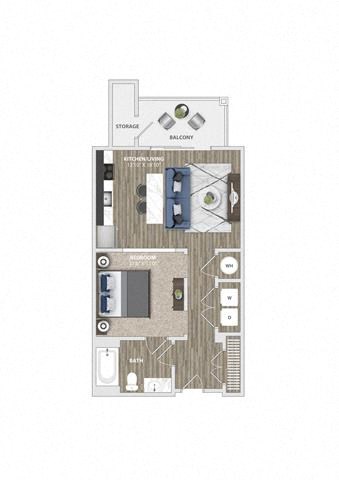 Floor plan for studio, 1 bath, 631 sqft