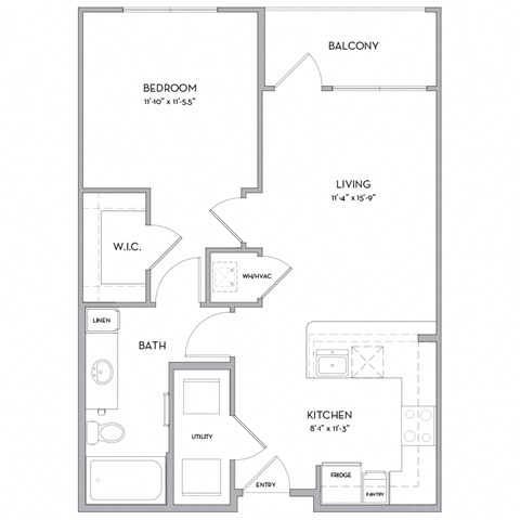 Floor plan for 1 bed, 1 bath, 675 sqft