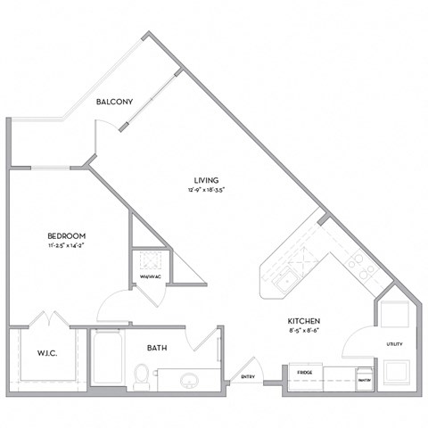 Floor plan for 1 bed, 1 bath, 703 sqft