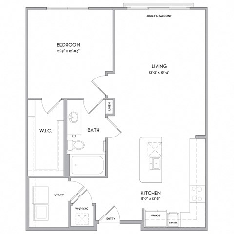 Floor plan for 1 bed, 1 bath, 760 sqft