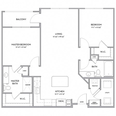 Floor plan for 2 beds, 2 baths, 1094 sqft