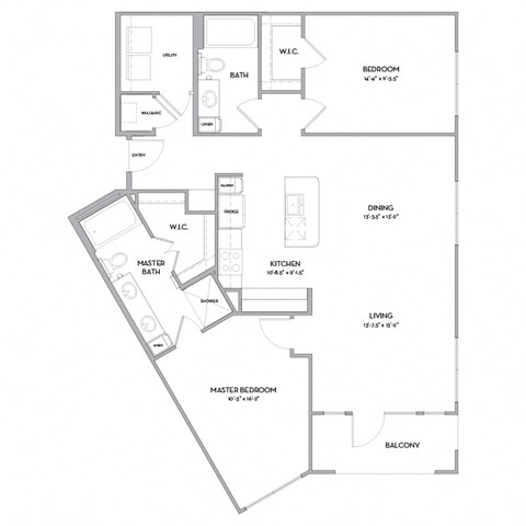 Floor plan for 2 beds, 2 baths, 1262 sqft