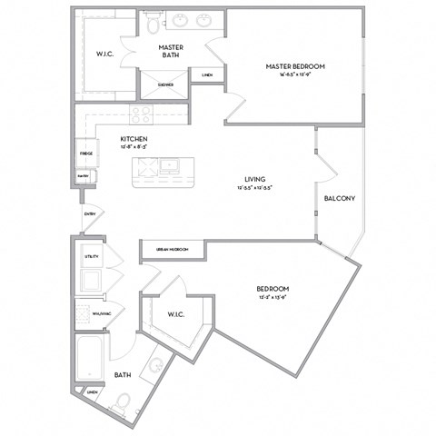 Floor plan for 2 beds, 2 baths, 1097 sqft