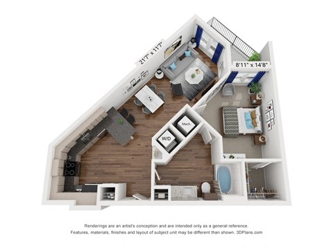 Floor plan for 1 bed, 1 bath, 767 sqft
