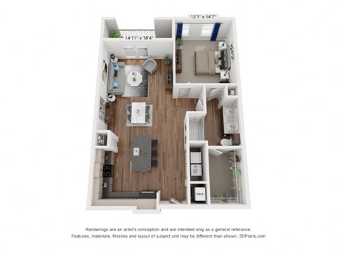 Floor plan for 1 bed, 1 bath, 933 sqft