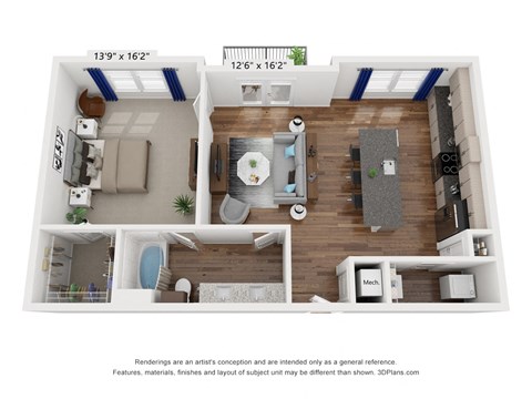 Floor plan for 1 bed, 1 bath, 945 sqft