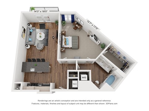 Floor plan for 1 bed, 1 bath, 924 sqft