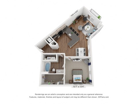 Floor plan for 1 bed, 1 bath, 893 sqft