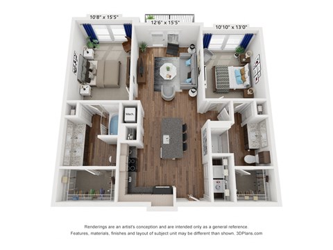 Floor plan for 2 beds, 2 baths, 1024 sqft