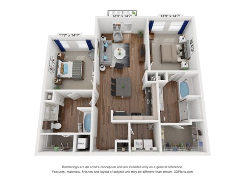 Floor plan for 2 beds, 2 baths, 1128 sqft