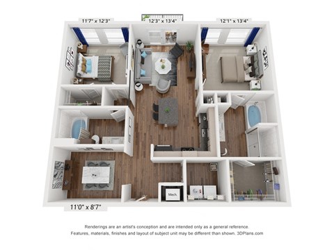 Floor plan for 2 beds, 2 baths, 1067 sqft