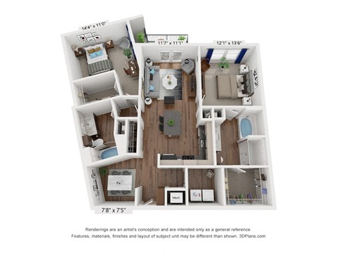 Floor plan for 2 beds, 2 baths, 1229 sqft
