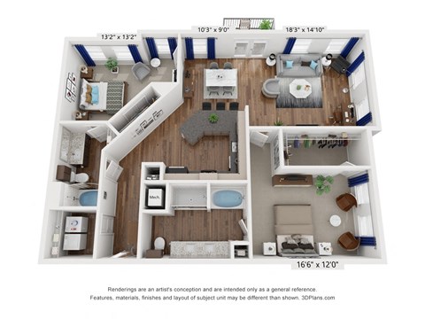 Floor plan for 2 beds, 2 baths, 1412 sqft
