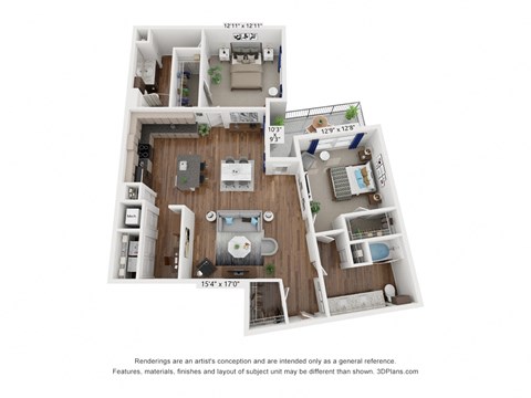 Floor plan for 2 beds, 2 baths, 1375 sqft
