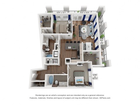 Floor plan for 2 beds, 2 baths, 1393 sqft