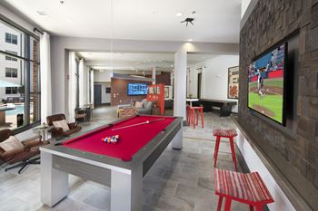 Social hub equipped with wi-fi, imacs, powered individual and communal work spaces, tv’s, billiards, ping pong, shuffleboard, foosball, darts, arcade game, and more.