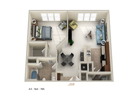 Floor plan for 1 bed, 1 bath, 765 sqft