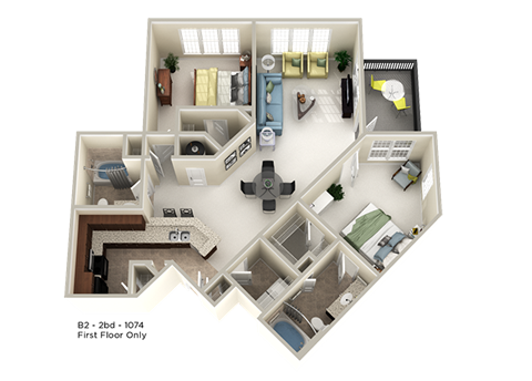 Floor plan for 2 beds, 2 baths, 1074 sqft
