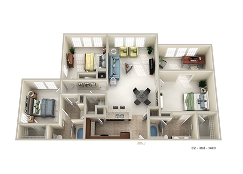 Floor plan for 3 beds, 2 baths, 1470 sqft