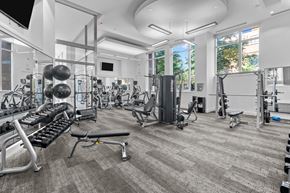 Baltimore apartment for rent - a gym with weights and cardio equipment and windows