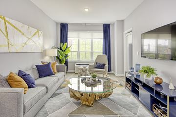 Jersey City apartment for rent - A modern living room with a grey couch, a glass coffee table, and a television.