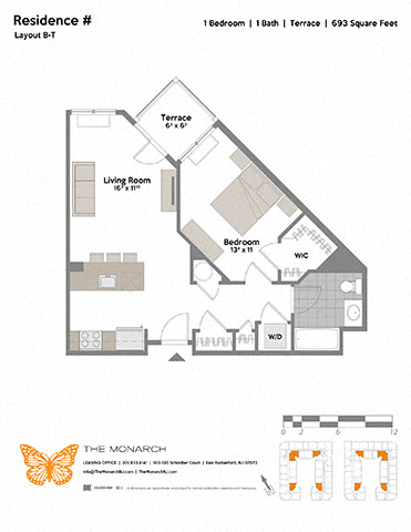Floor plan for 1 bed, 1 bath, 693 sqft