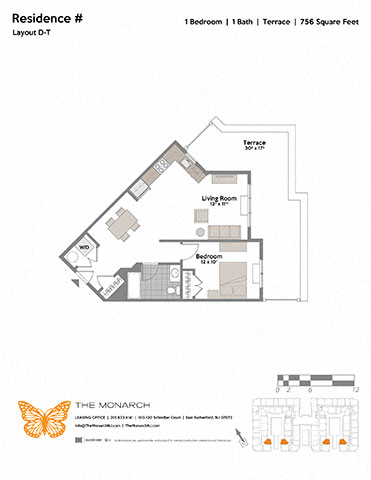 Floor plan for 1 bed, 1 bath, 756 sqft