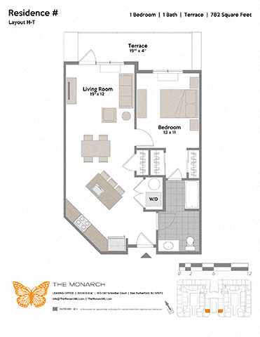 Floor plan for 1 bed, 1 bath, 782 sqft
