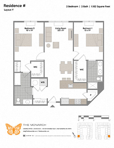 Floor plan for 2 beds, 2 baths, 1182 sqft