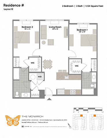 Floor plan for 2 beds, 2 baths, 1124 sqft