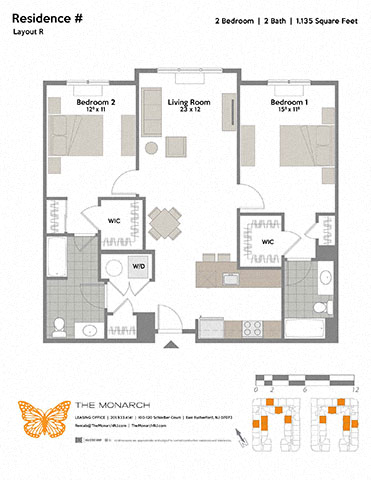 Floor plan for 2 beds, 2 baths, 1135 sqft