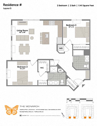Floor plan for 2 beds, 2 baths, 1141 sqft