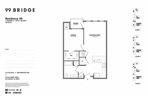Floor plan for 1 bed, 1 bath, 758 sqft