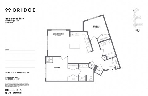 Floor plan for 2 beds, 2 baths, 1137 sqft