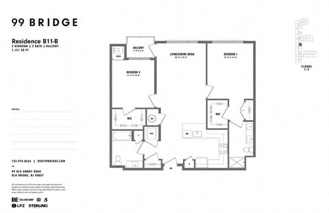 Floor plan for 2 beds, 2 baths, 1151 sqft