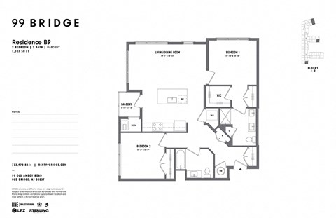 Floor plan for 2 beds, 2 baths, 1107 sqft